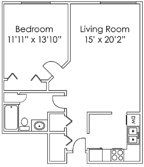 Floor plan for 1 bed, 1 bath, 621 sqft